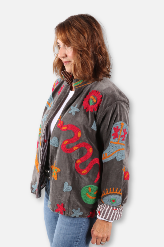Velour Embroidered Jacket - Grey
