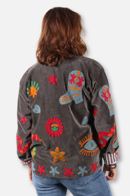 Velour Embroidered Jacket - Grey