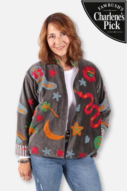 Velour Embroidered Jacket - Grey