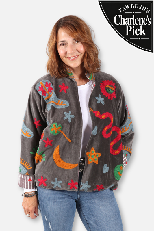 Velour Embroidered Jacket - Grey