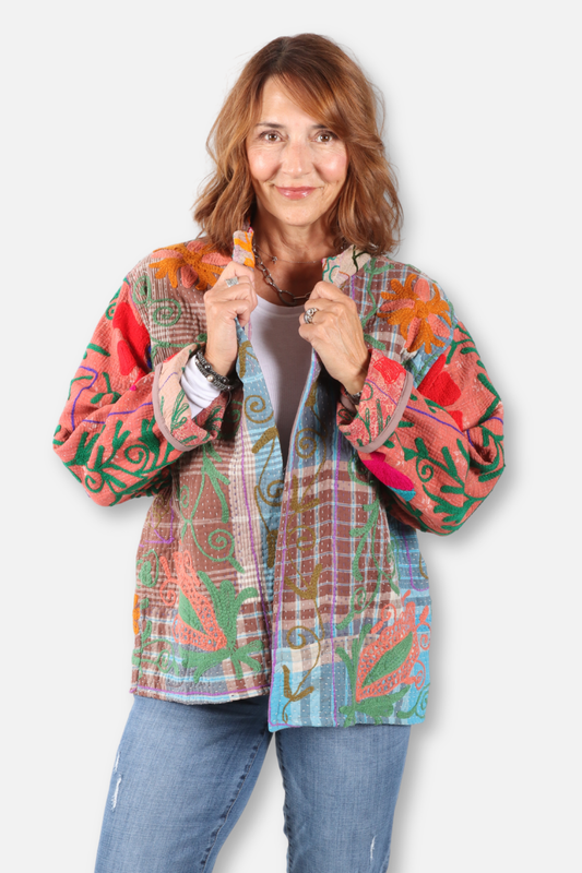 Vintage Kantha Embroidered Jacket - Multi Color