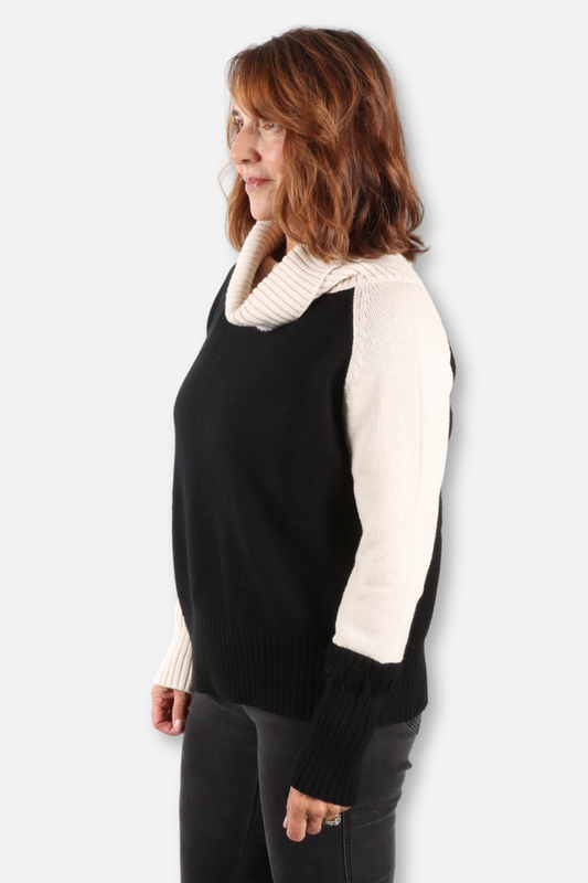 2 Tone Turtleneck Sweater - Black & Stone