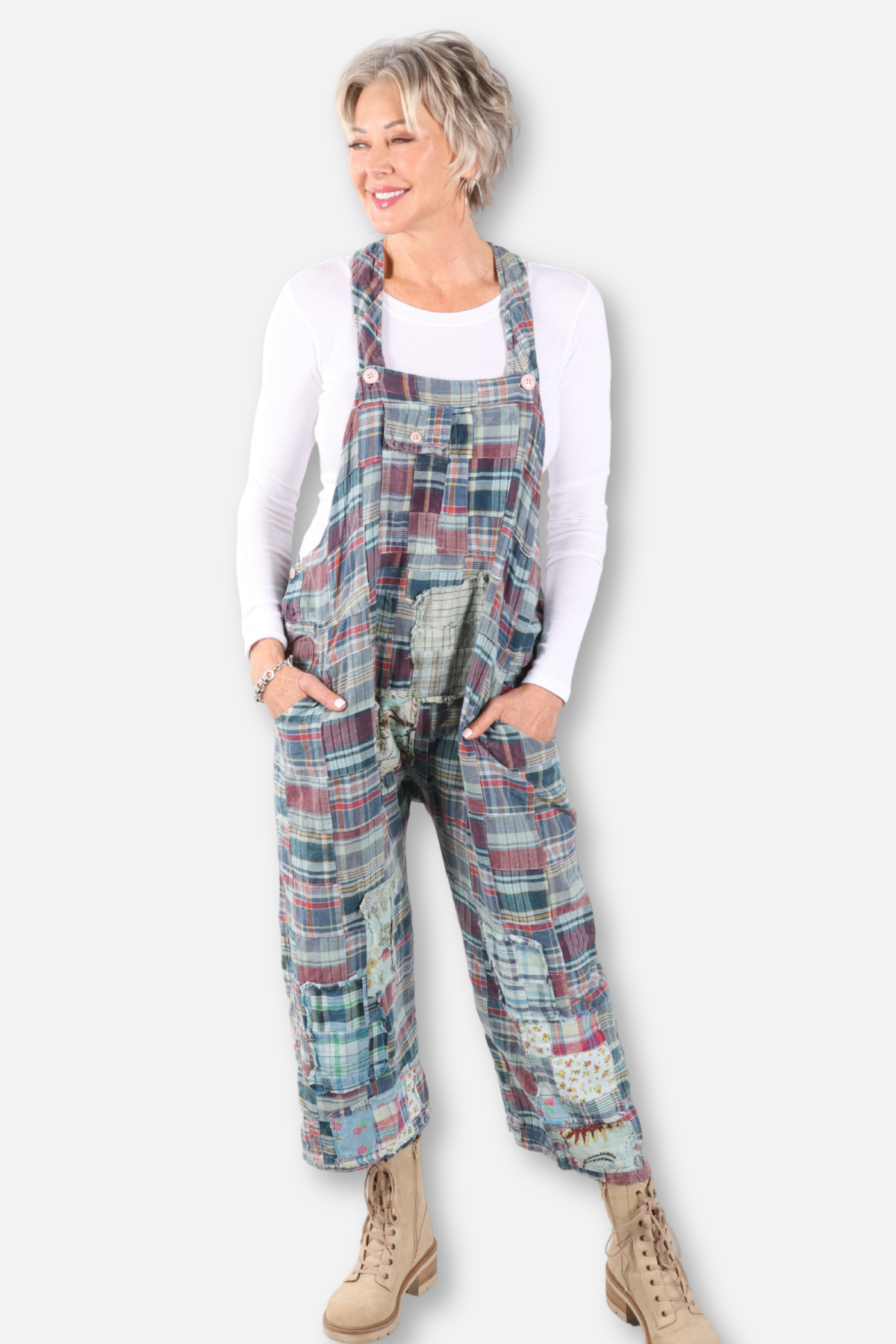 Travels Await Overalls - Blue Plaid