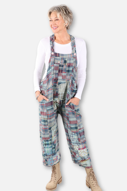 Travels Await Overalls - Blue Plaid