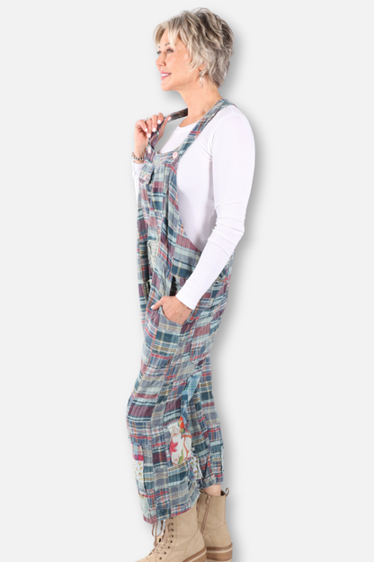 Travels Await Overalls - Blue Plaid