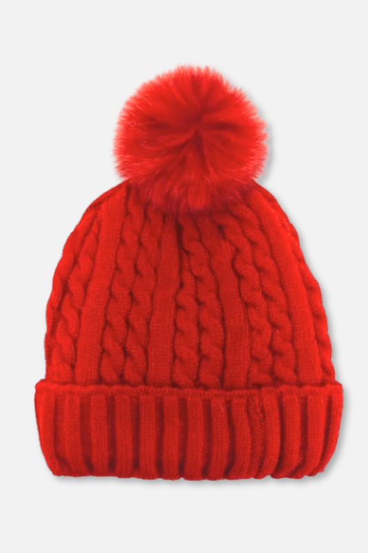 Cable Hat with Pom - Red