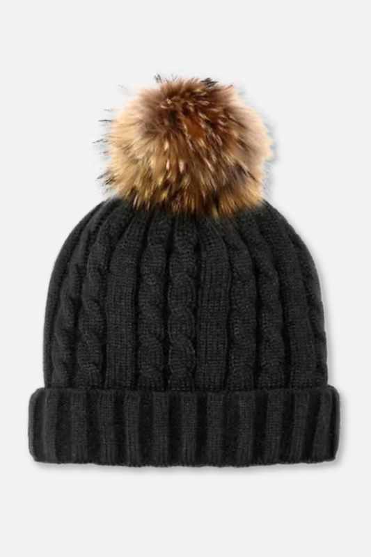 Cable Hat with Pom - Black