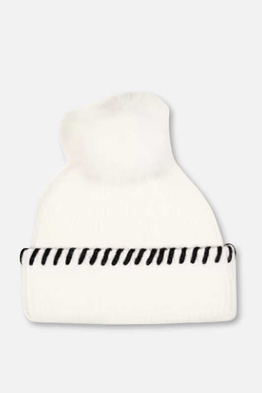 Knit Whipstitch Hat with Pom - White & Black