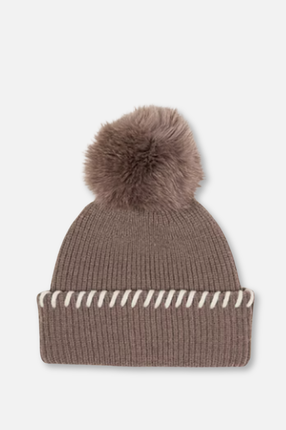 Knit Whipstitch Hat with Pom - Taupe & Grey