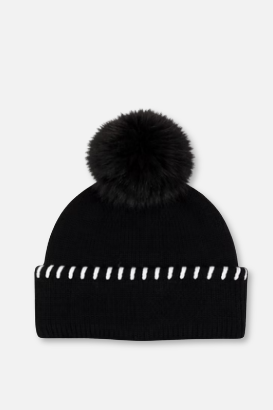 Knit Whipstitch Hat with Pom - Black & White