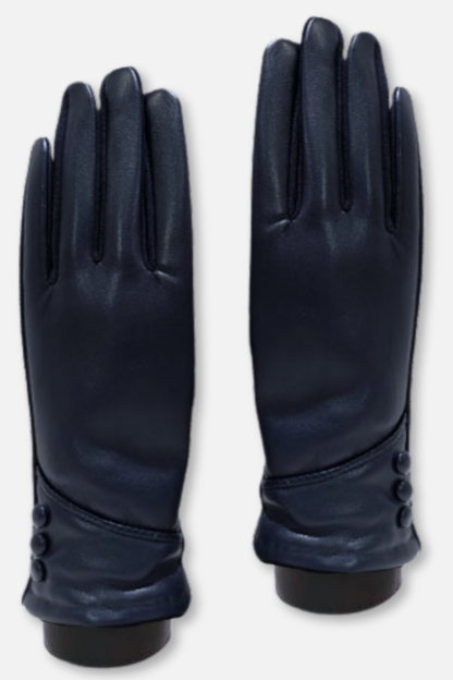 Button Cuff Vegan Leather Gloves - Navy