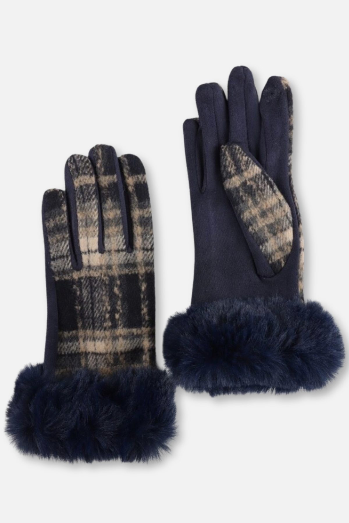 Plaid Faux Fur Cuff Gloves - Navy