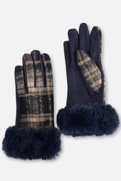 Plaid Faux Fur Cuff Gloves - Navy
