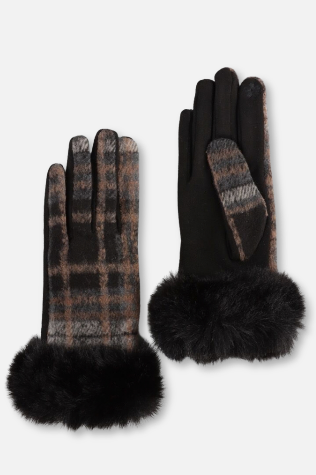 Plaid Faux Fur Cuff Gloves - Black