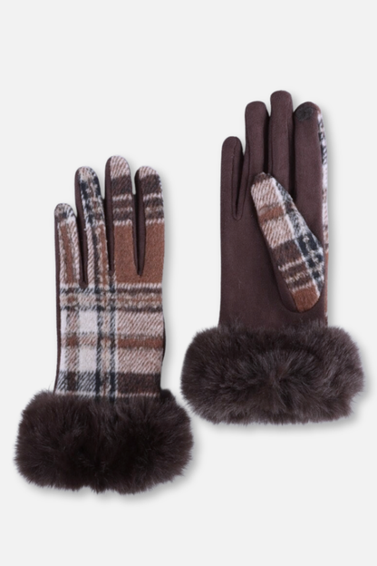 Plaid Faux Fur Cuff Gloves - Brown