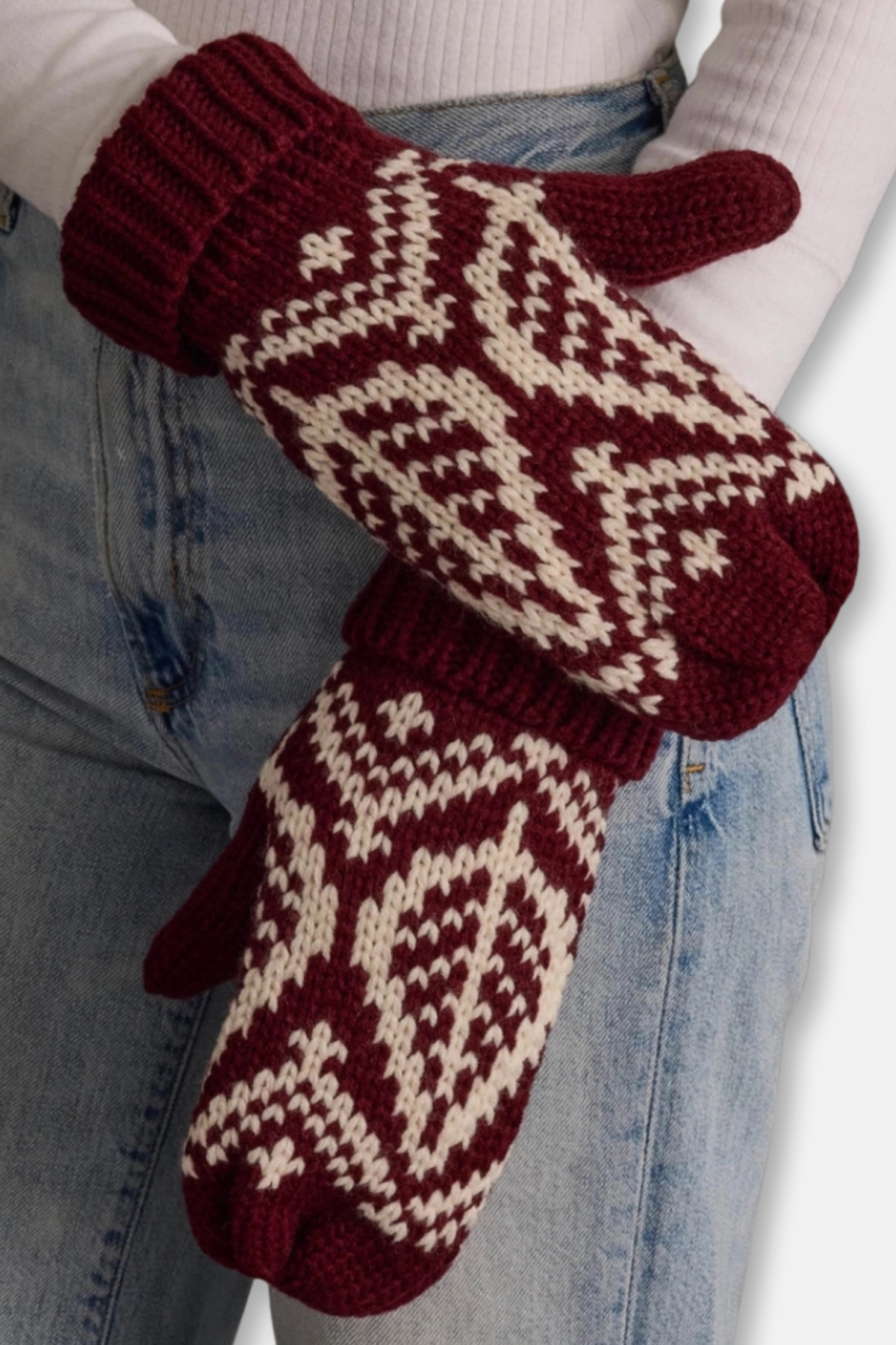 Winter Knit Mittens - Wine & Beige Patterned