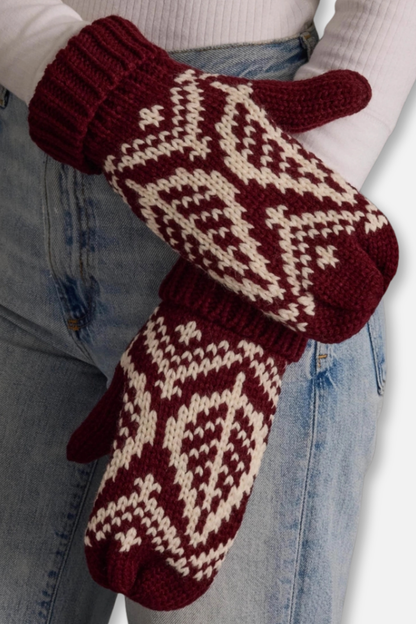 Winter Knit Mittens - Wine & Beige Patterned