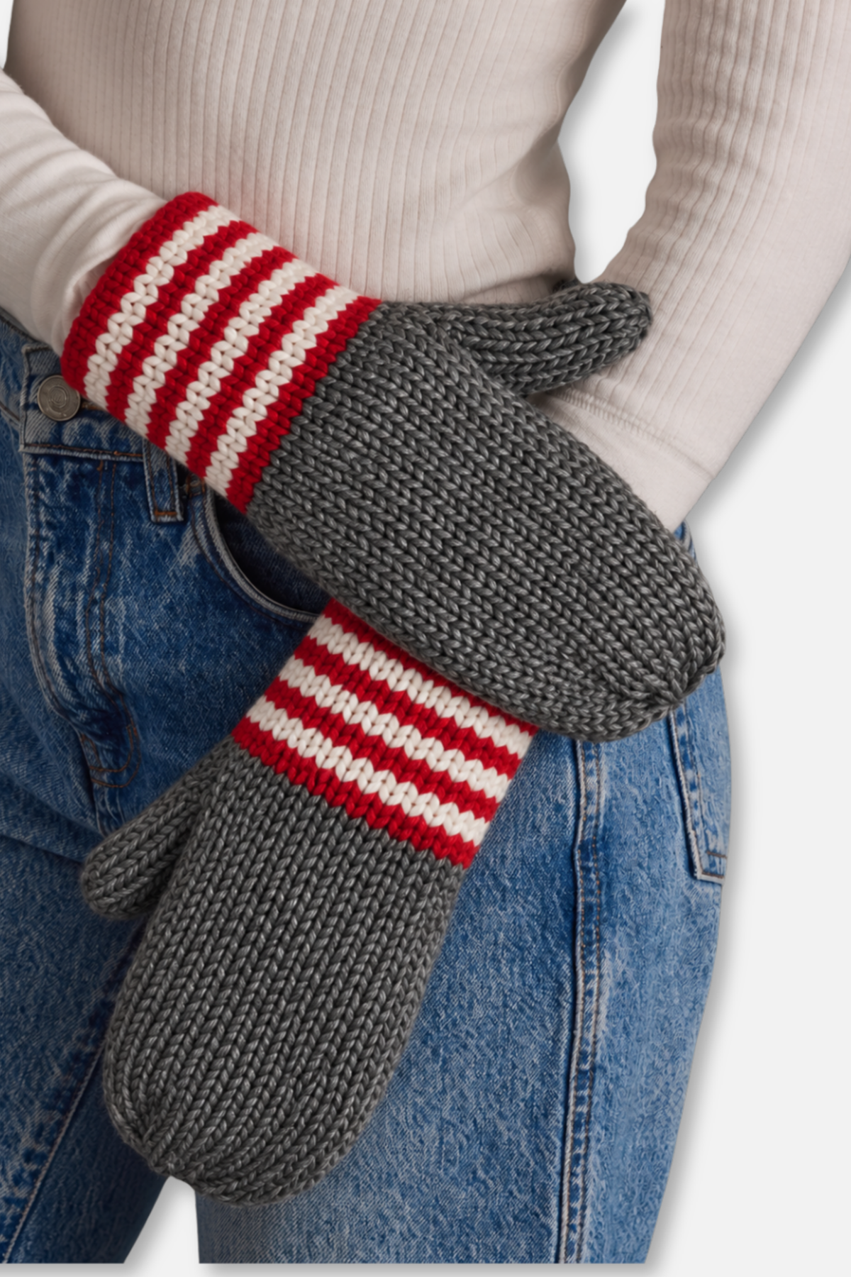 Winter Knit Mittens - Gray Red & White Striped