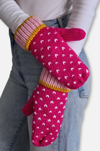 Winter Knit Mittens - Pink & White Heart