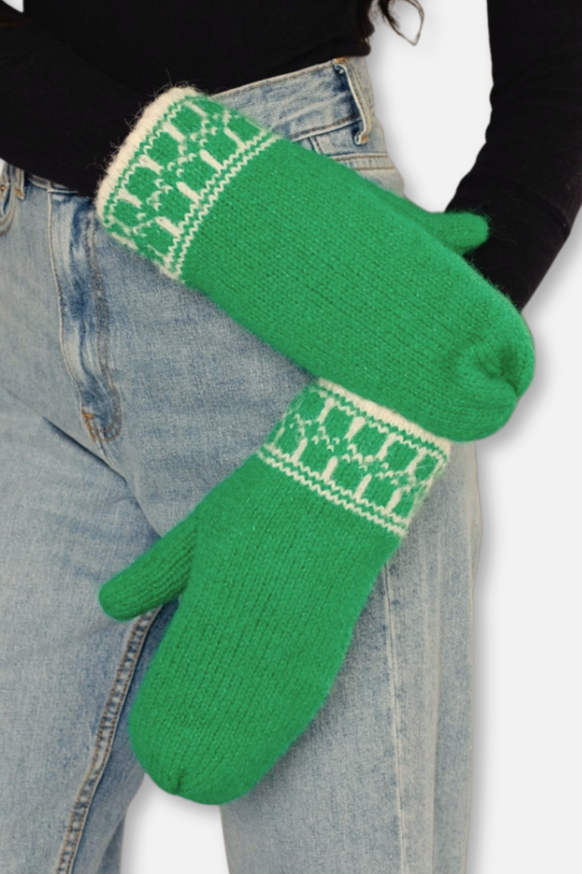 Winter Knit Mittens - Green & Cream Patterned
