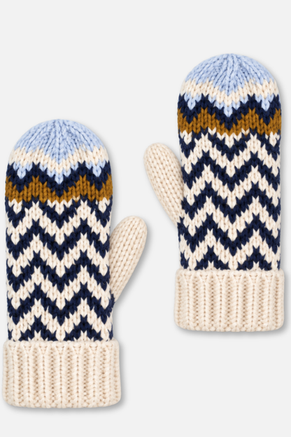Winter Knit Mittens - Beige Navy Light Blue Patterned