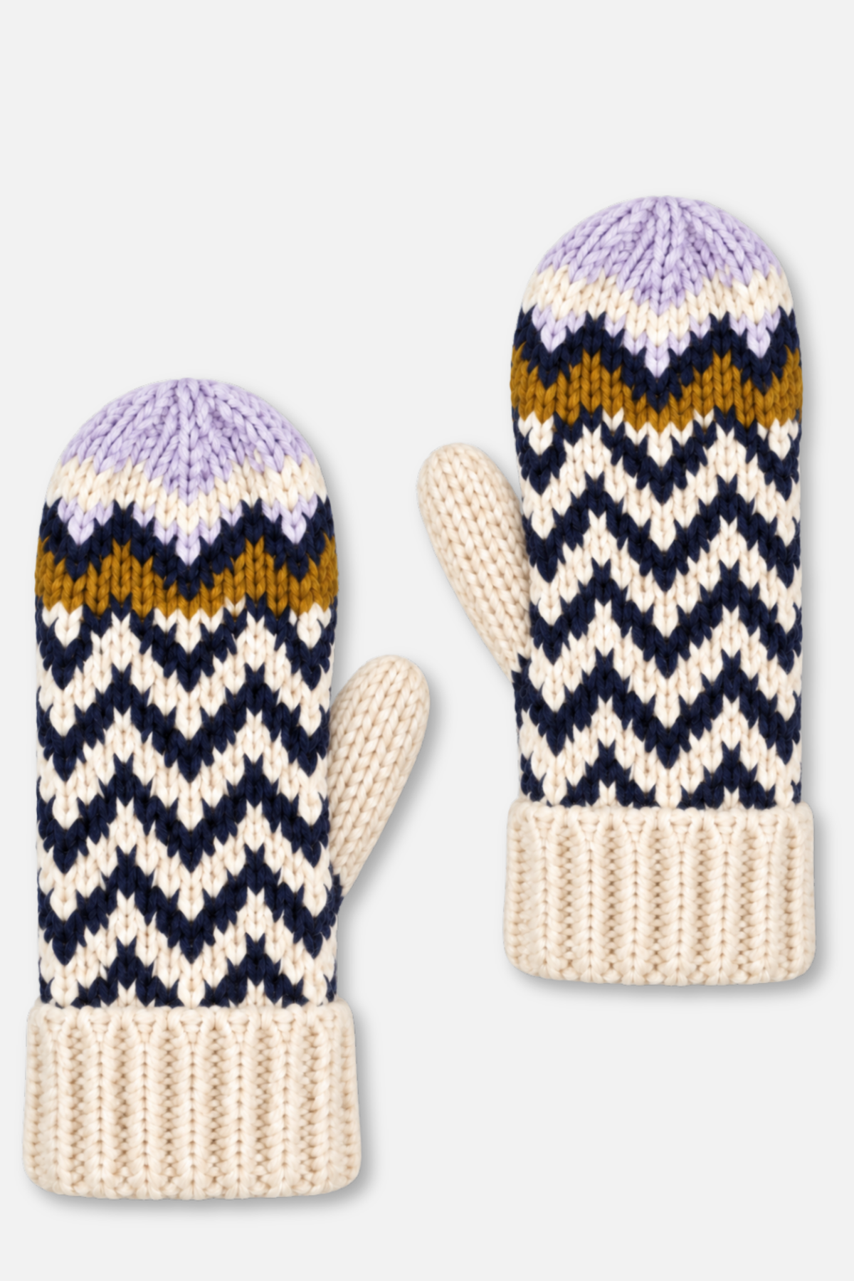 Winter Knit Mittens - Beige Navy Lilac Patterned