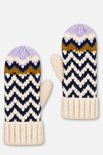 Winter Knit Mittens - Beige Navy Lilac Patterned