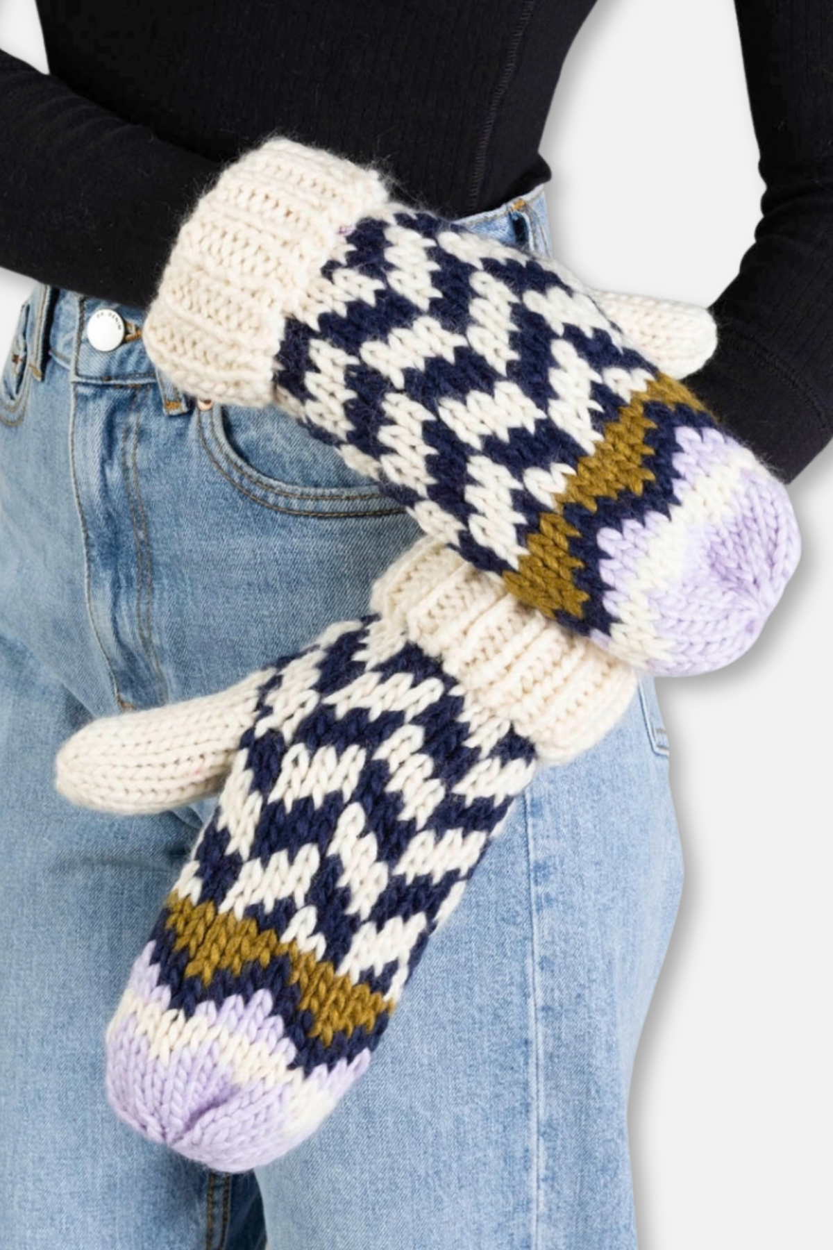 Winter Knit Mittens - Beige Navy Lilac Patterned