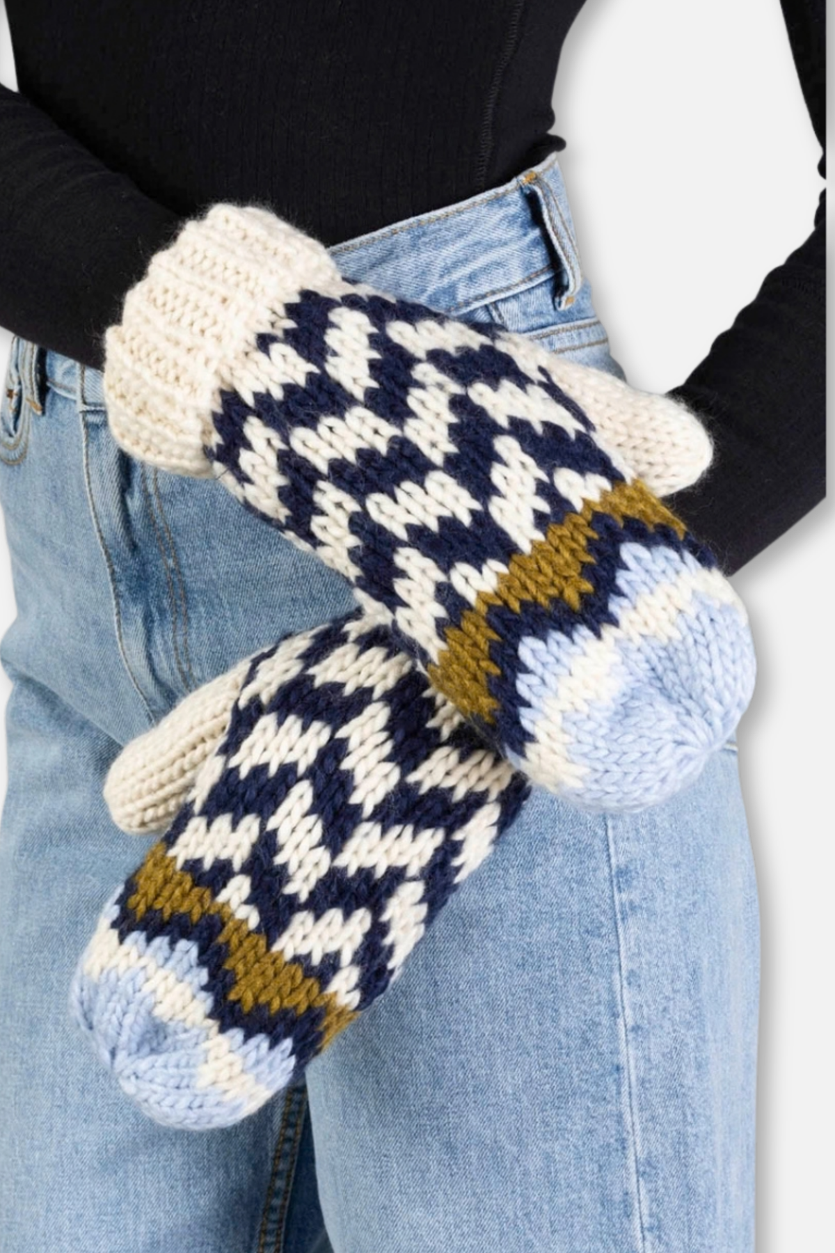 Winter Knit Mittens - Beige Navy Light Blue Patterned