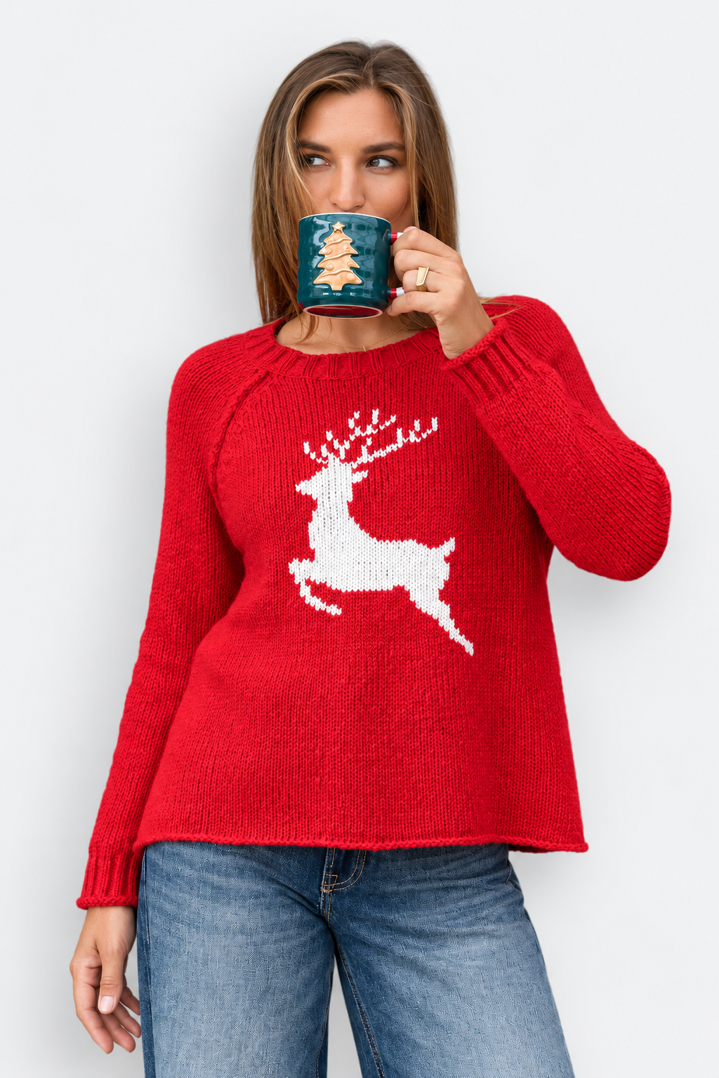Reindeer Raglan Crew Sweater - Red Ginger
