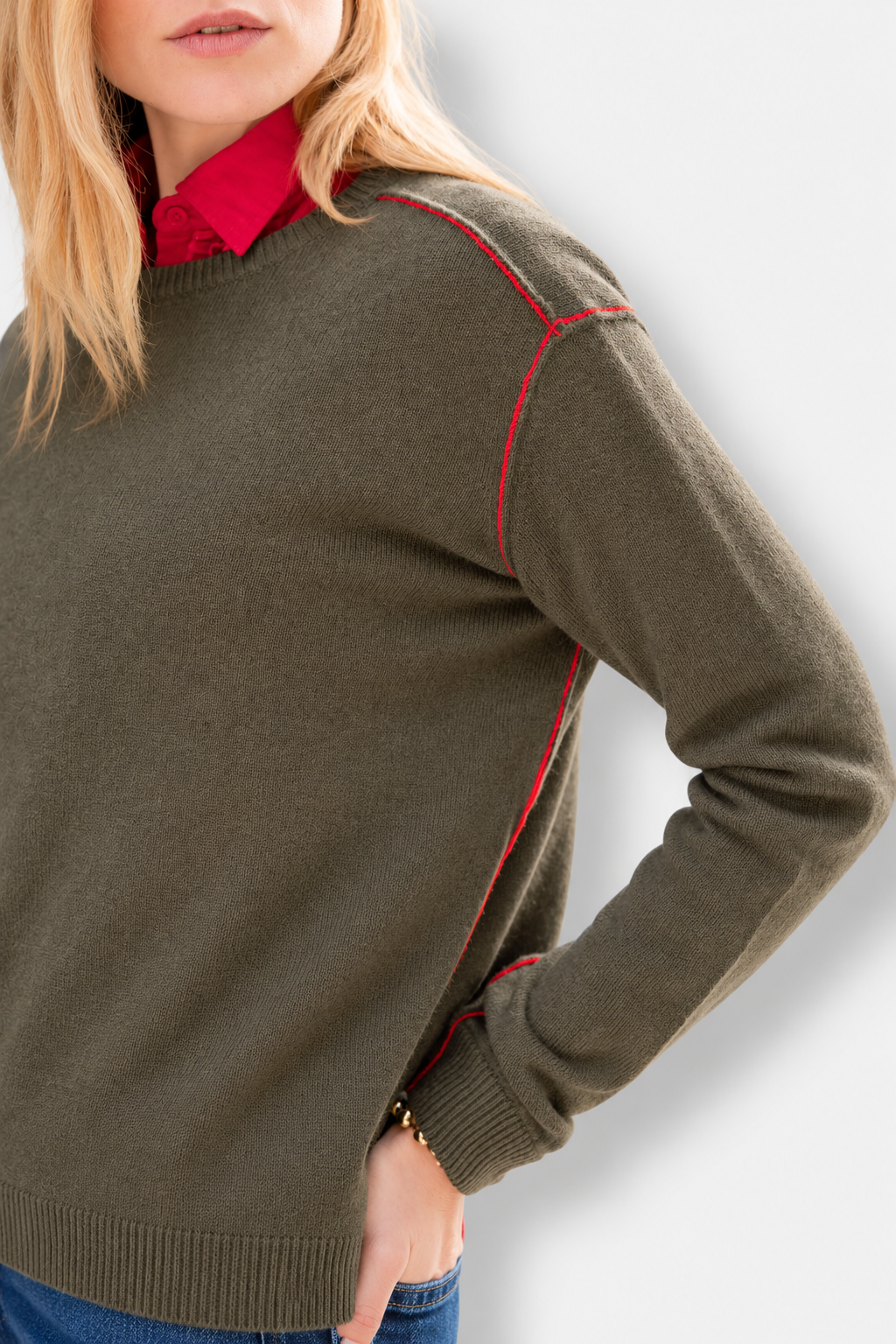 Roma Boyfriend Cashmere Sweater - Military Green & Lava