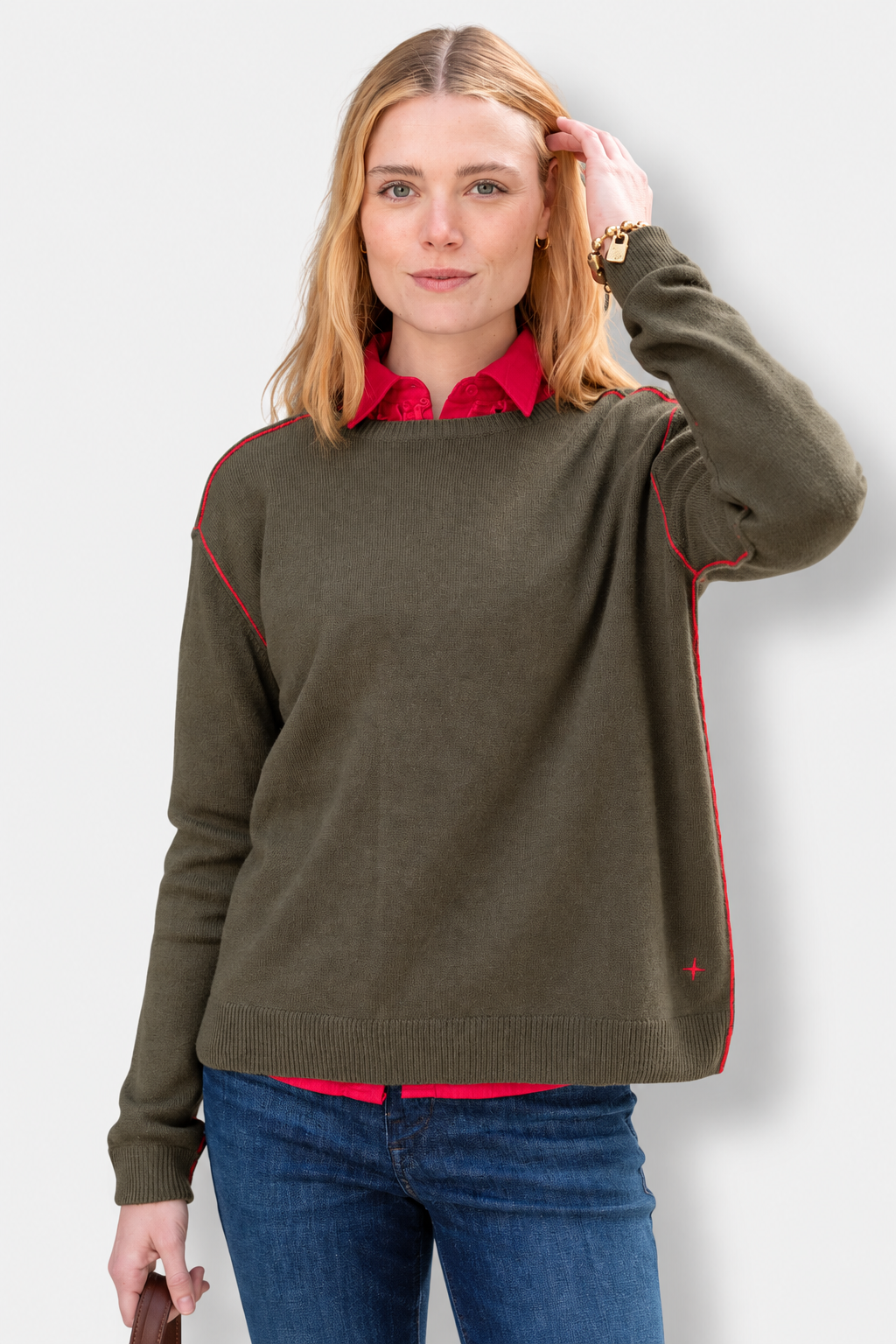 Roma Boyfriend Cashmere Sweater - Military Green & Lava