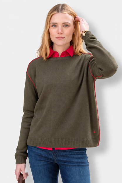 Roma Boyfriend Cashmere Sweater - Military Green & Lava