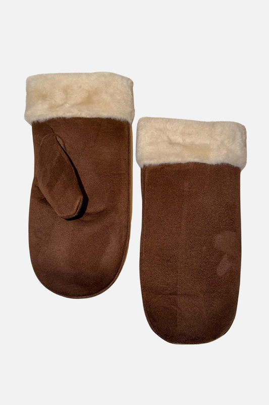 Faux Shearling Mittens - Brown