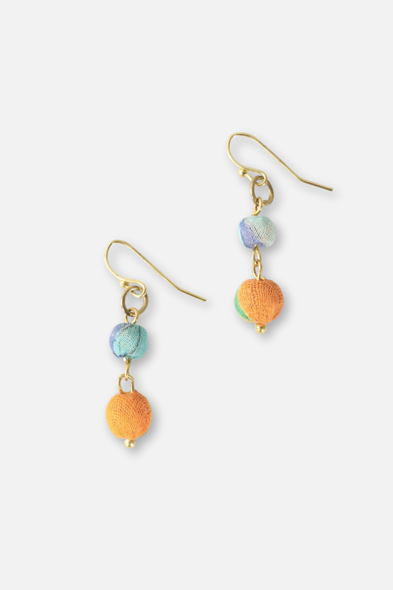 Kantha Double Drop Earrings - Orange & Blue