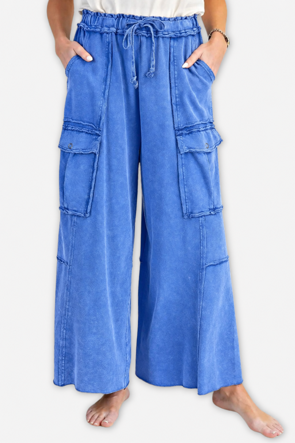 Washed Wide Leg Terry Cargo Pant - Cadet Blue