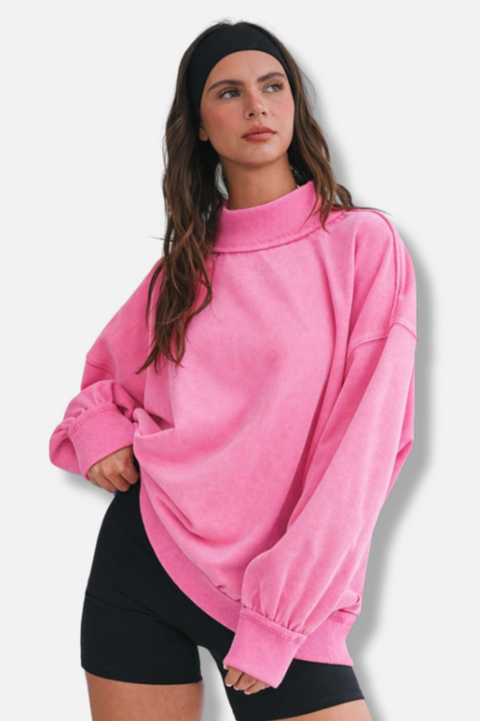 Oversized Mock Neck Sweatshirt - Pink