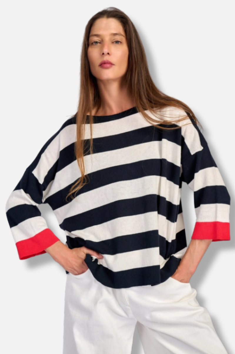Jetty Striped Sweater - Red Trim