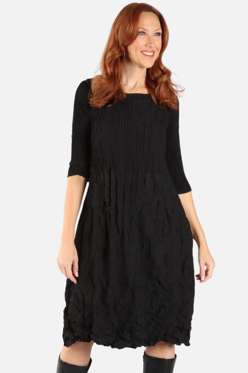 3/4 Sleeve Smash Pocket Dress - Black