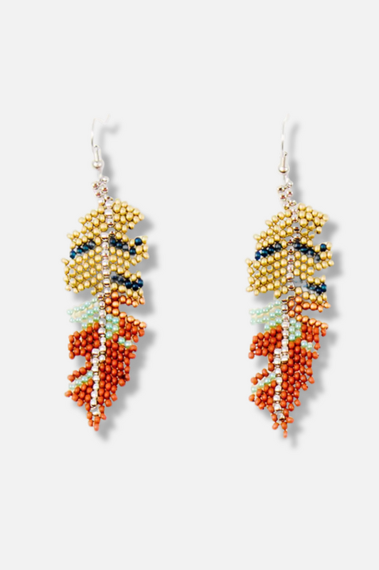 Beaded Feather Earrings - Multi Color 