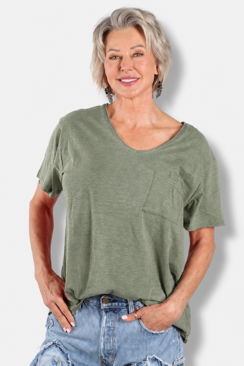 Moon Dance V-Neck Tee - Olive