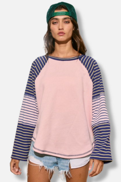 Striped Raglan Sleeve Top - Pink & Navy