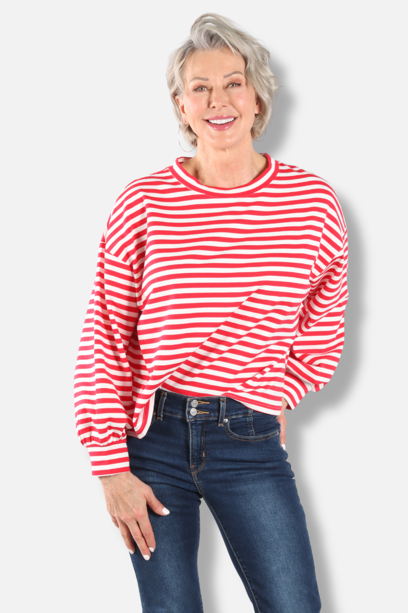 Oversized Semi Crop Striped Tee - Red & White