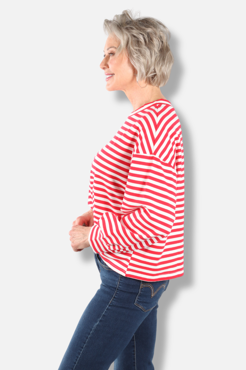Oversized Semi Crop Striped Tee - Red & White