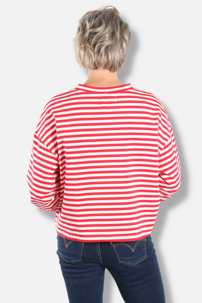 Oversized Semi Crop Striped Tee - Red & White