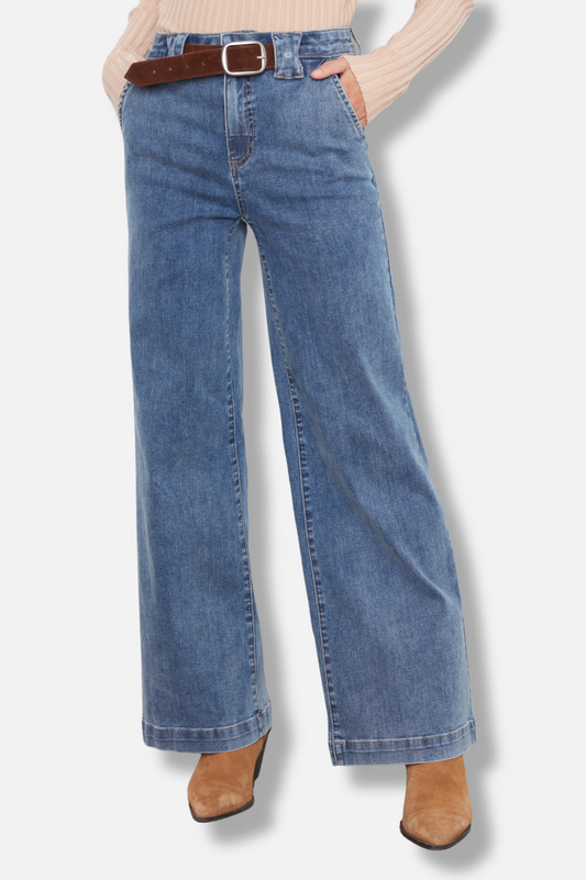 Belted Flare Pants - Denim Blue