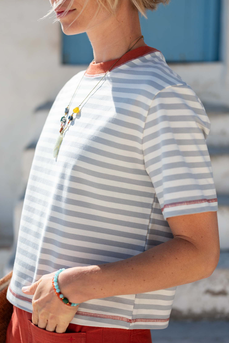 Deauville Ringer Tee - Slate Blue & Persimmon