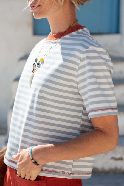Deauville Ringer Tee - Slate Blue & Persimmon