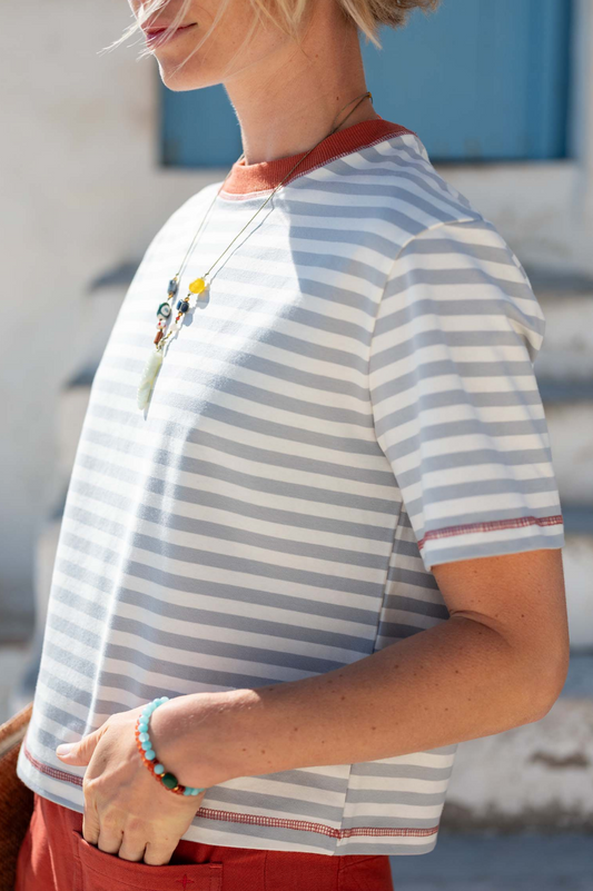 Deauville Ringer Tee - Slate Blue & Persimmon