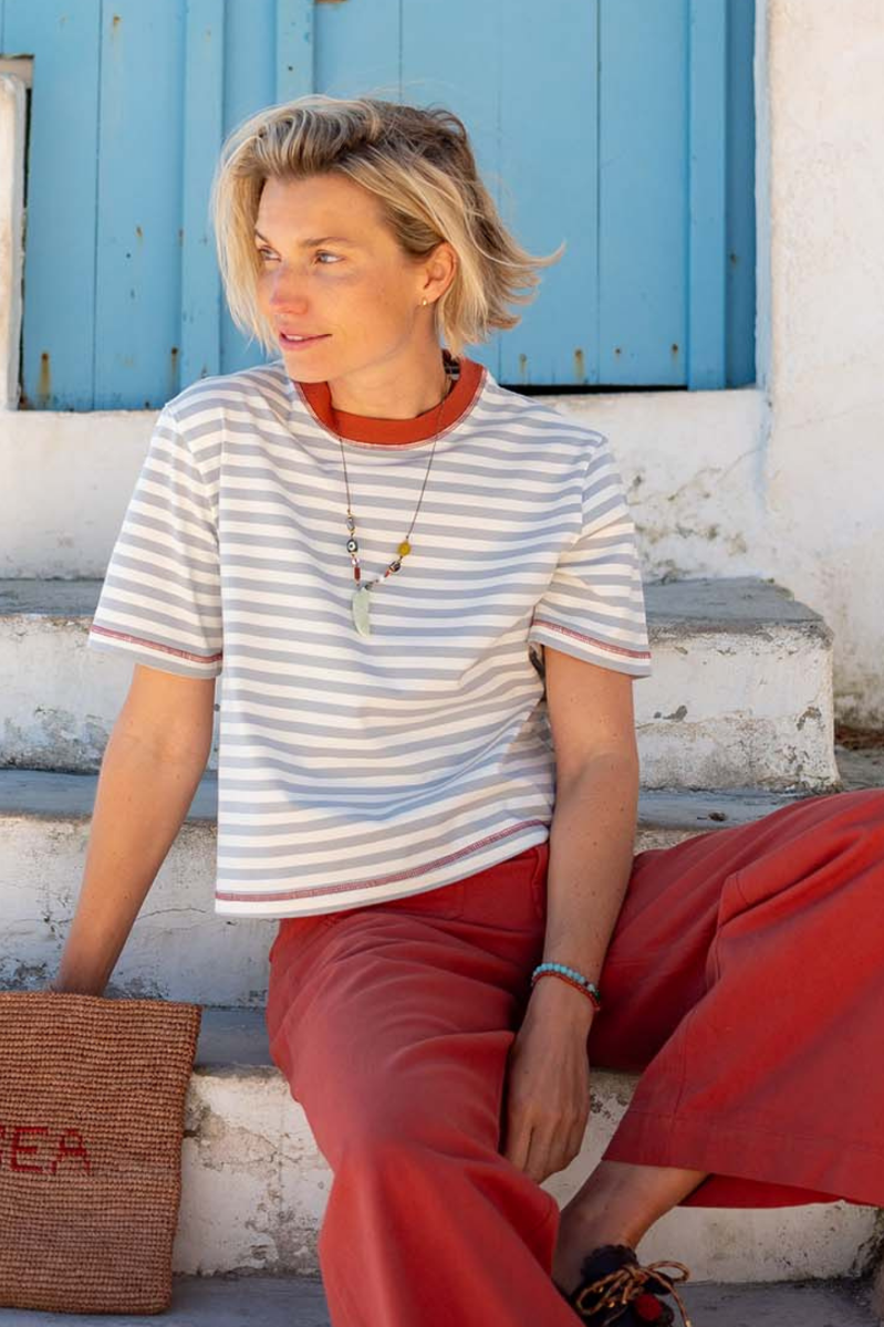 Deauville Ringer Tee - Slate Blue & Persimmon